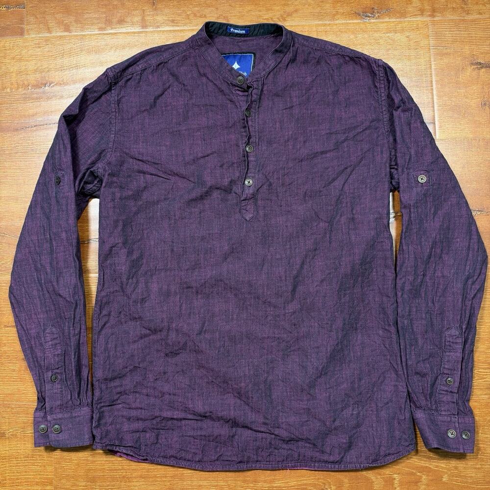 British Club Popover Tunic Shirt Men S Purple Long Sleeve Henley Mandarin Collar
